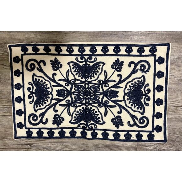 Traditional Lumbar Pillow Cover 19x12 Blue Cream Embroidered Boho Cottage Decor - Picture 2 of 6